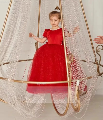 Vestido de fiesta de princesa rojo para niñas, vestido de tul hinchado para cumpleaños, violín, Piano, actuación, desfile de moda, ropa
