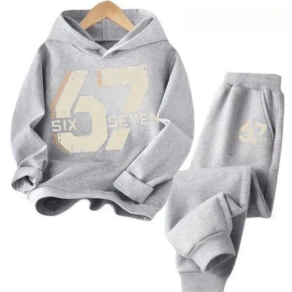 67 conjunto de sudaderas con capucha elegantes para niños de 4 a 13 años, ropa de calle coreana, chándal de bloque, sudadera cómoda a la moda para niños, conjuntos de 2 uds, traje de pantalón