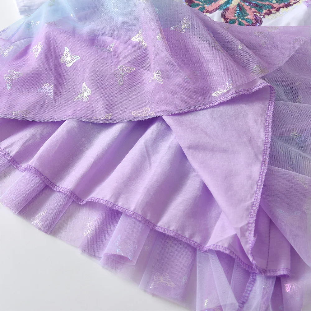 VIKITA niñas mariposa vestido elegante con lentejuelas niños otoño primavera púrpura gradiente malla tul princesa fiesta actuación vestido de graduación