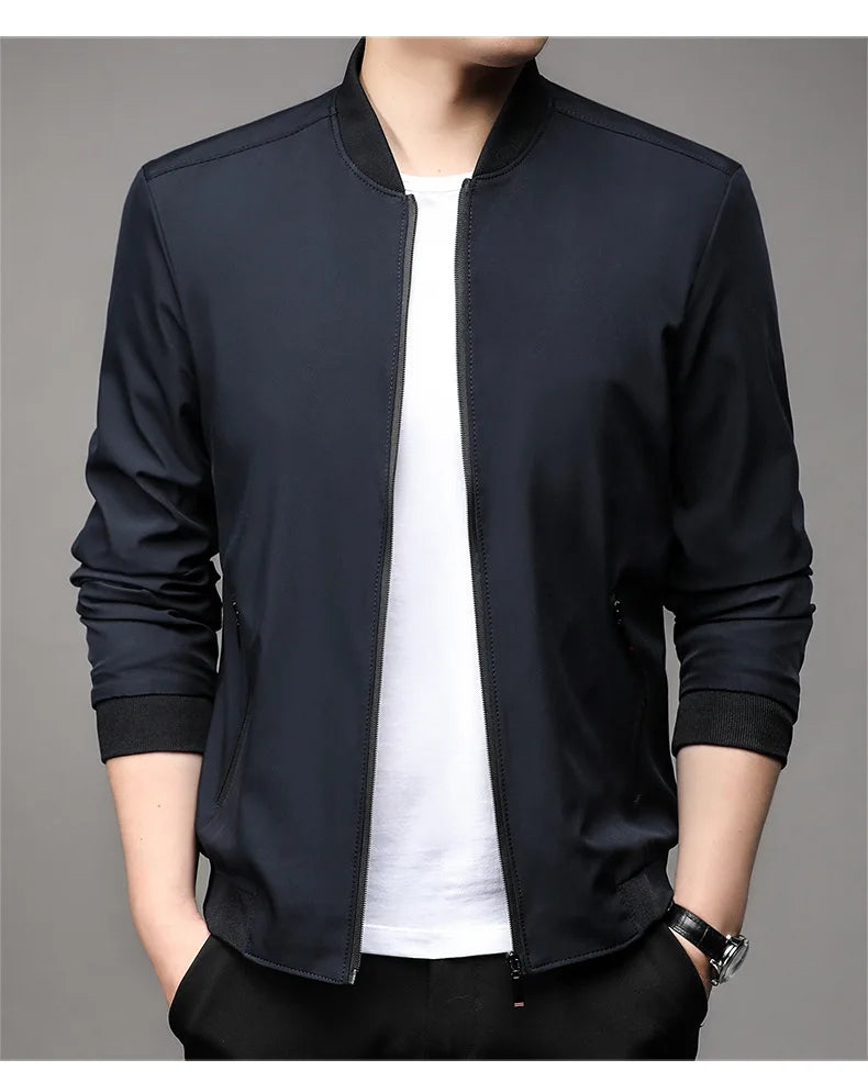 Chaquetas de alta calidad para hombre, chaqueta informal inteligente con cuello de béisbol, abrigo ajustado, prendas de vestir exteriores de Color sólido, primavera y otoño