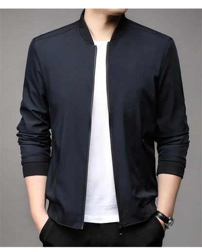 Chaquetas de alta calidad para hombre, chaqueta informal inteligente con cuello de béisbol, abrigo ajustado, prendas de vestir exteriores de Color sólido, primavera y otoño