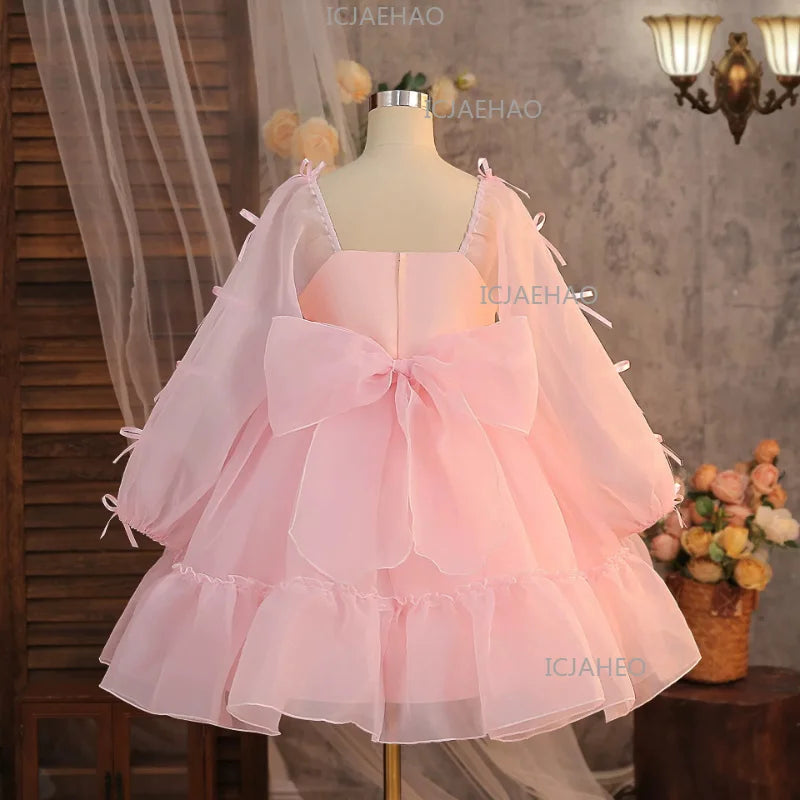 Vestido de Cumpleaños para Niñas, Disfraz de Dama de Honor, Vestido de Princesa de Tul Blanco de Manga Larga, Traje de Gala para Niñas