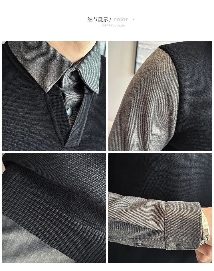 Suéter de punto de alta calidad para hombre, camisa de lana gruesa con cuello empalmado, suéteres con cuello en V, suéter de punto de dos piezas para Otoño e Invierno