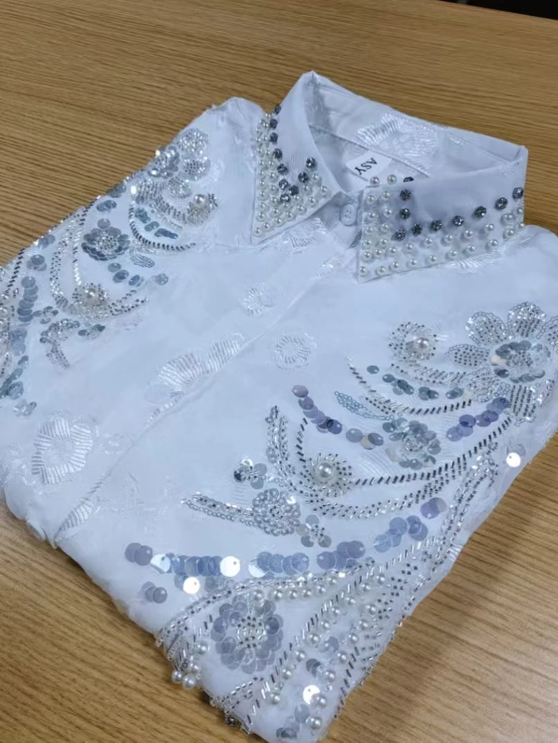 Blusas blancas De gran tamaño con perlas y lentejuelas De diamantes De lujo para Mujer, Tops con mangas acampanadas para primavera y verano 2025, Camisas De Mujer
