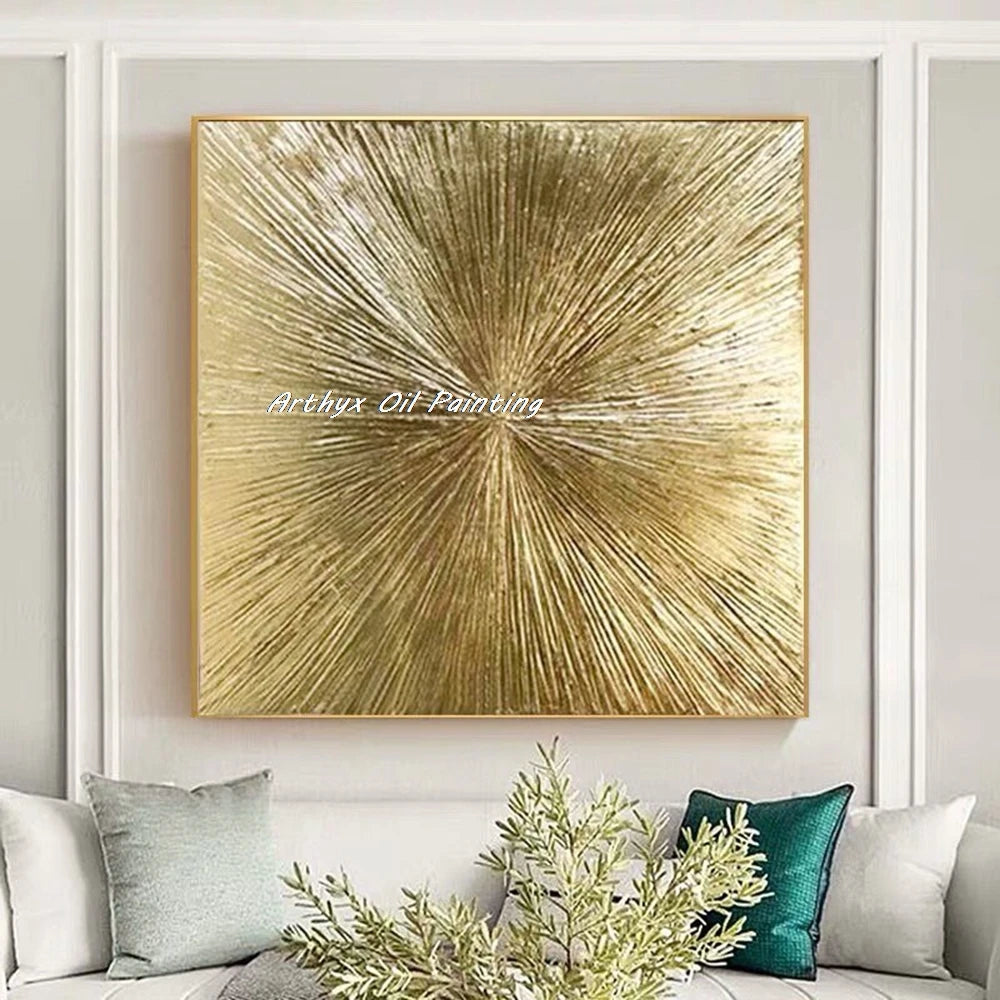 Pintura al óleo de sol dorado texturizada abstracta pintada a mano al 100% sobre lienzo, póster de arte grande moderno, imagen de pared, decoración del hogar