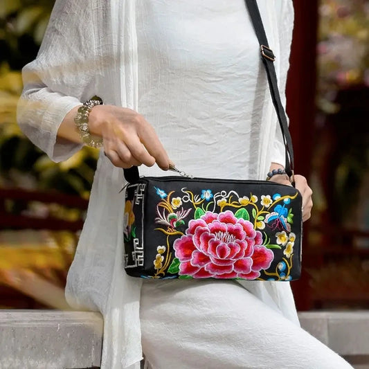 Bolso cruzado de lona con flores bordadas para mujer, bolsa de hombro de gran capacidad, de lujo, informal