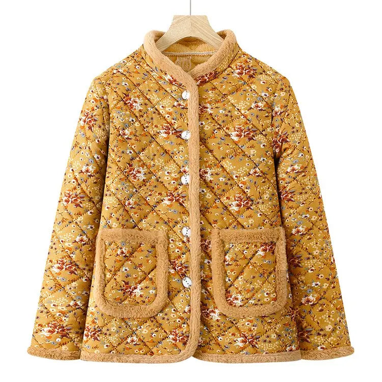 Chaqueta de algodón con estampado floral y forro polar grueso para mujeres de mediana edad y mayores, ropa de abrigo cálida p...