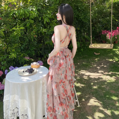 Vestido Largo Bohemio sin Espalda para Mujer, Falda de Playa Estilo Hada, Atuendo Turístico de Verano, Vestido Estampado de C...