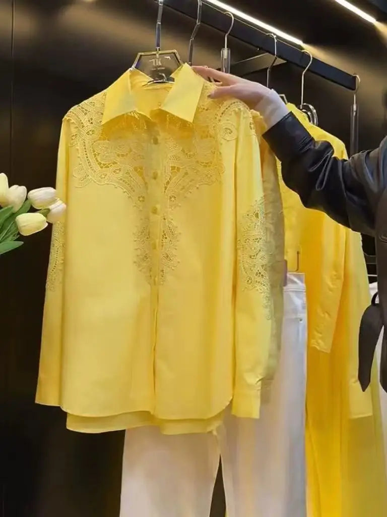 Marca de lujo, blusas de algodón con bordado de encaje calado y lentejuelas brillantes, camisas para mujer, Top informal holgado de manga larga de tendencia 2025