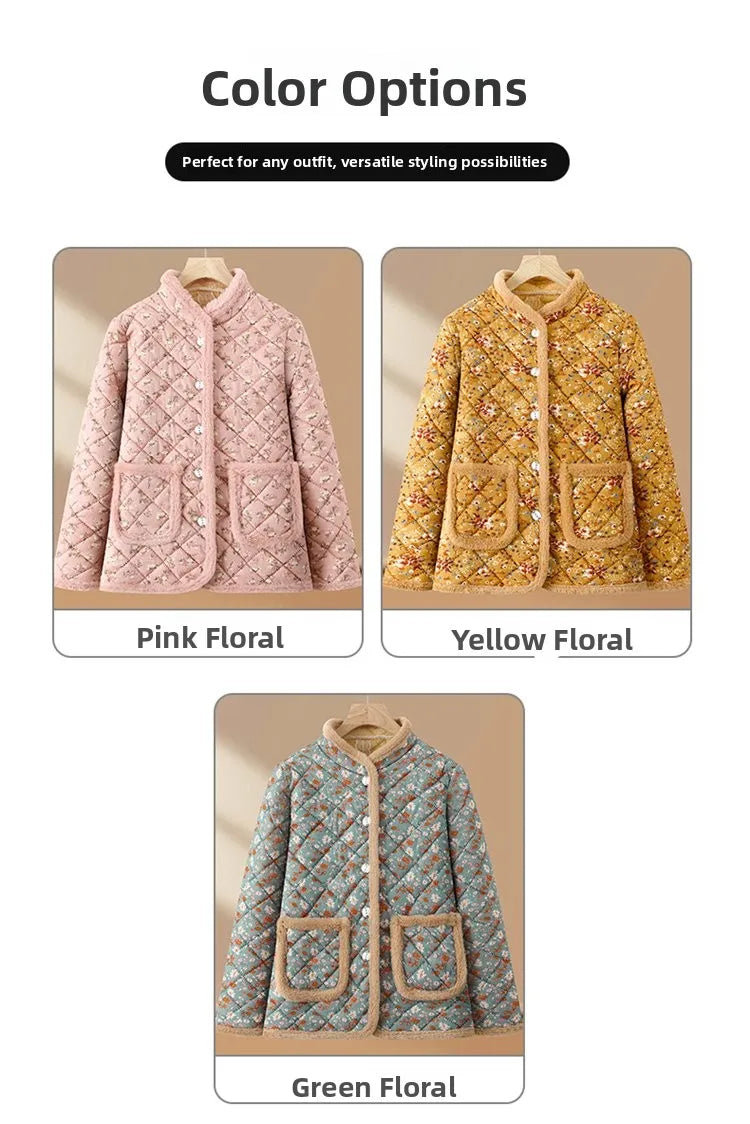 Chaqueta de algodón con estampado floral y forro polar grueso para mujeres de mediana edad y mayores, ropa de abrigo cálida p...