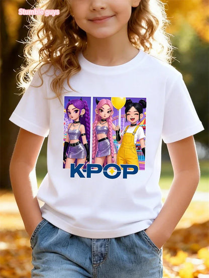 Nueva Camiseta de Verano para Niñas, Cuello Redondo, Algodón Puro, Estilo Casual, Linda Camiseta de Anime de Manga Corta, Suave, Ropa para Niñas