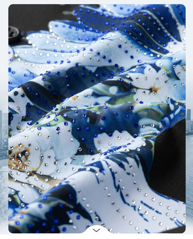 Camisa de lujo con estampado 3D de diamantes de imitación para hombre, camisas informales de manga larga para otoño e invierno, trajes de espectáculo escénico para fiesta de banquete Social