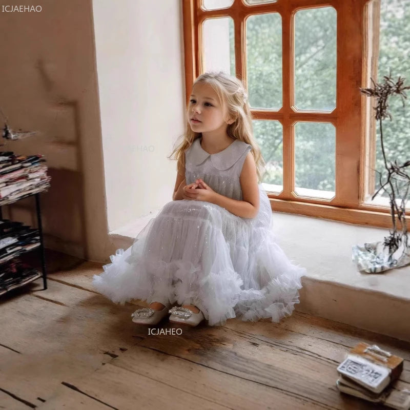 Nuevo vestido de fiesta para niñas, vestido de princesa de tul sin mangas con cuello Peter Pan para actuaciones de Piano, banquete, desfile Formal
