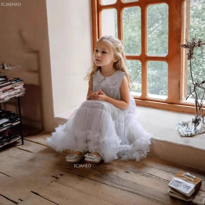 Nuevo vestido de fiesta para niñas, vestido de princesa de tul sin mangas con cuello Peter Pan para actuaciones de Piano, banquete, desfile Formal