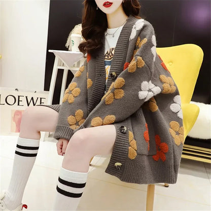 Knit Cardigan Women Sweater Print Floral V Neck Long Sleeved Sweaters Button Pockets Elegant Loose Coats Autumn Winter