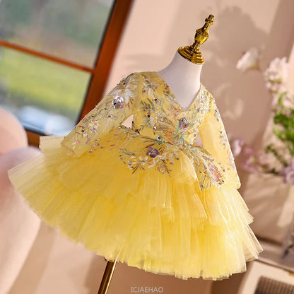 2025 Vestido de fiesta Vestido niños niñas vestidos de novia amarillos disfraz niños flor niña desfile Piano actuación tutú traje