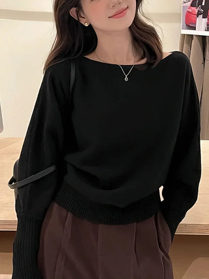 Jersey de punto de manga larga con alas de murciélago para mujer, Top grueso con hombros descubiertos de 300g, suéter de moda coreana, prendas de vestir informales holgadas de otoño
