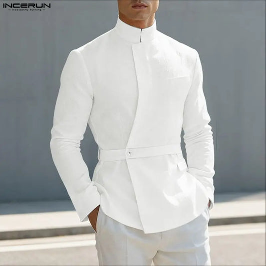 INCERUN Men Shirt Solid Color Stand Collar Long Sleeve Button Cotton Men Clothing Streetwear Fashion Casual Camisas Male Shirts