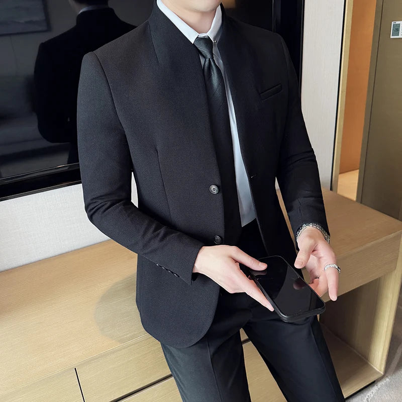 Chaqueta de traje con cuello levantado de alta calidad para hombre, chaquetas de negocios informales, abrigo coreano con gofres para boda, novio, banquete, vestido de fiesta, 2025