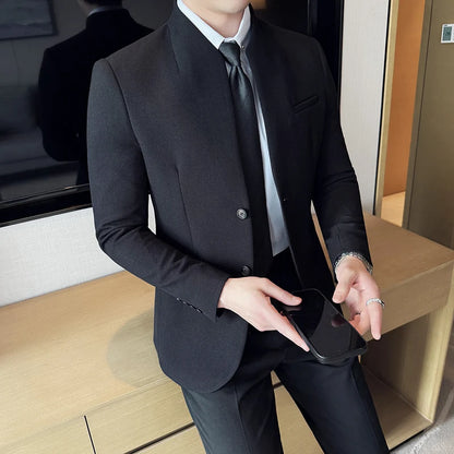 Chaqueta de traje con cuello levantado de alta calidad para hombre, chaquetas de negocios informales, abrigo coreano con gofres para boda, novio, banquete, vestido de fiesta, 2025