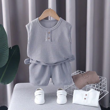 Ropa de oso para niños y niñas, chaleco de cuello redondo, pantalones cortos, chándales de dibujos animados para niños pequeños, moda de verano, nuevo conjunto de 2 piezas