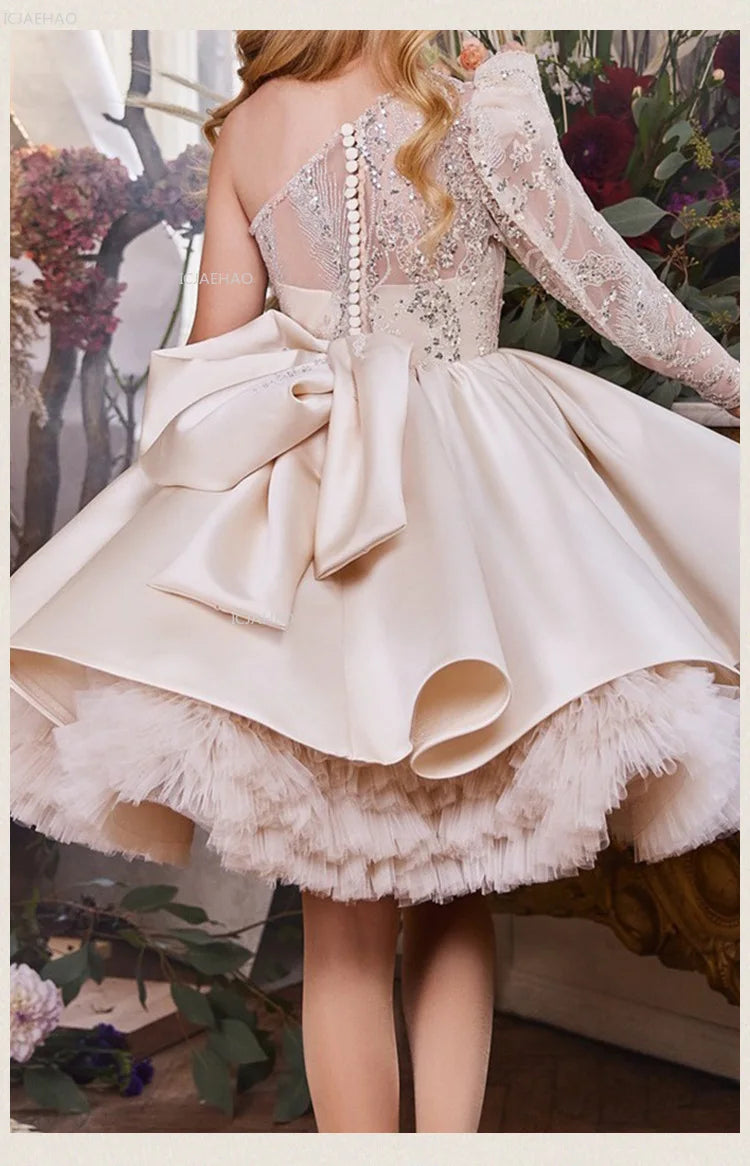 2026 nuevo vestido para niños vestido de princesa con lentejuelas un hombro falda acampanada con lazo Patchwork niños niñas traje Formal de celebración de fiesta