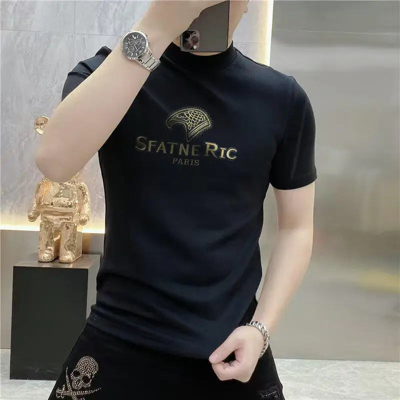 Camiseta de lujo con diamantes de imitación para hombre, camiseta informal ajustada de manga corta con cuello redondo, camiseta Social de negocios, ropa para hombre