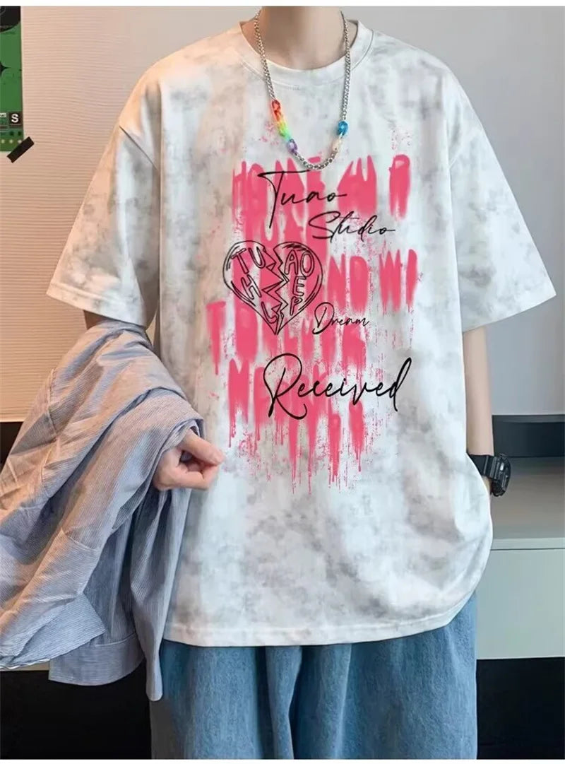 Camisetas de Verano 2026 para Hombre con Estampado Tie-Dye y Gráficos de Graffiti, Camisetas Oversize Juveniles con Estampado de Letras, Tops de Moda Urbana con Contraste de Color