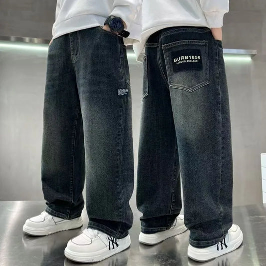 Pantalones Vaqueros de Mezclilla para Adolescentes, Primavera-Otoño, Pantalones de Moda con Letras para Niños, Pantalones Casuales Holgados y Rectos para Niños de 4 a 14 Años