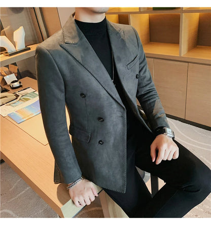 Chaqueta de ante con botones de doble botonadura para hombre, traje de negocios informal, ropa de calle Social, otoño e invierno, 2023