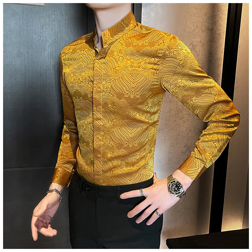 Camisas estampadas de manga larga con cuello levantado para primavera y otoño, camisa informal de moda para hombre de estilo chino Formal Social de negocios