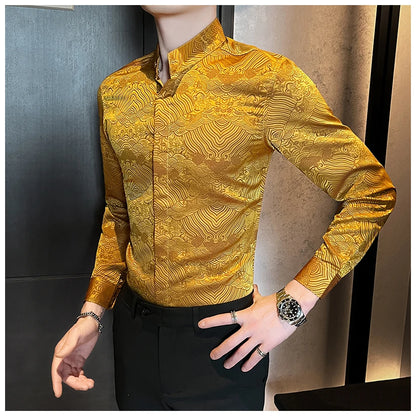 Camisas estampadas de manga larga con cuello levantado para primavera y otoño, camisa informal de moda para hombre de estilo chino Formal Social de negocios