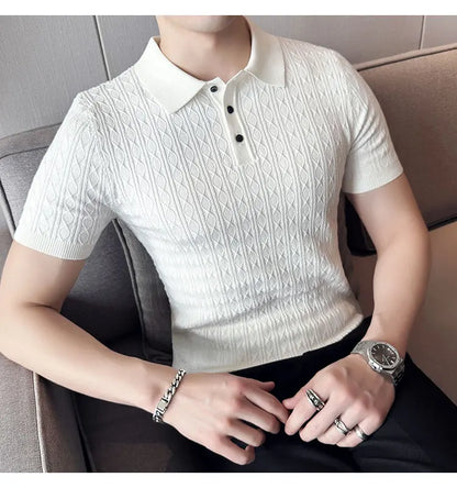 Polo de manga corta de punto Jacquard para hombre, camiseta de Golf con solapa de moda, ajustada, nueva