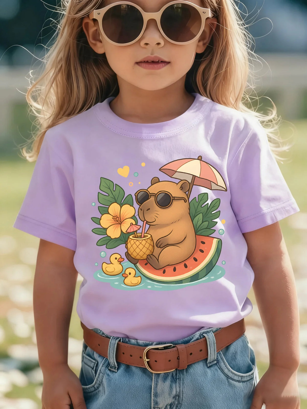 Camiseta para niños, camiseta de algodón morada para niñas, camiseta informal de manga corta con estampado de Capibara, ropa para niños, camiseta para niñas