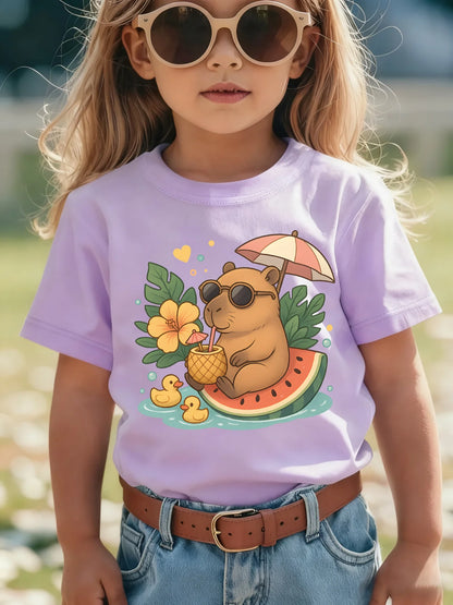 Camiseta para niños, camiseta de algodón morada para niñas, camiseta informal de manga corta con estampado de Capibara, ropa para niños, camiseta para niñas