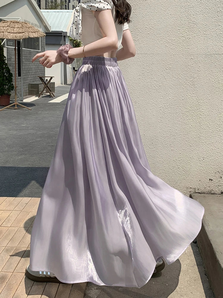 Falda Larga Elegante de Verano para Mujer, Cintura Alta, Línea A, para Vacaciones en la Playa, con Volantes, Estilo Preppy, Dulce, Holgada, Informal y Sencilla
