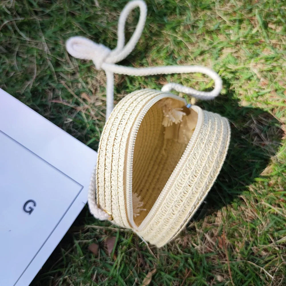 Bolso de hombro hecho a mano para niños y niñas, con flores bandolera de paja, monedero para llaves, Mini bolso de princesa