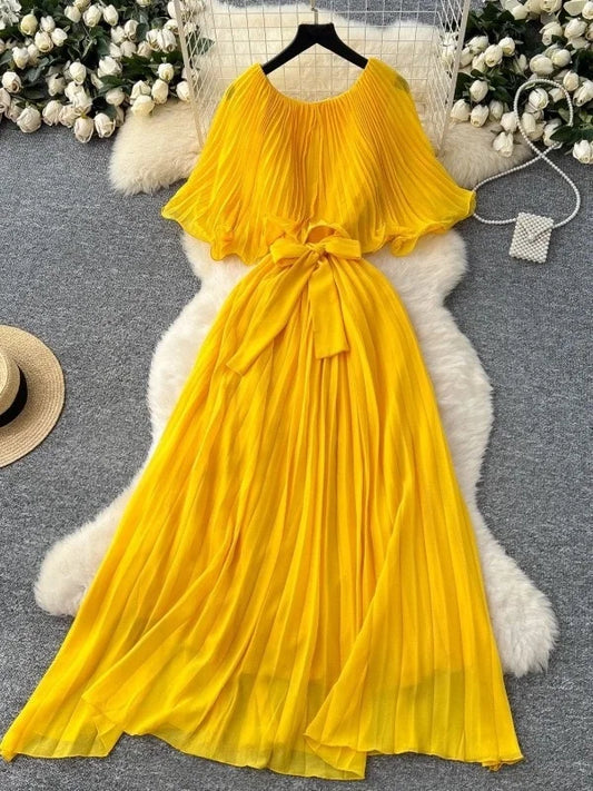 Vestido Largo Plisado con Cinturón para Mujer, Estilo Coreano, Cintura Media, Manga Corta, Vestido Maxi para Ceremonias y Eve...
