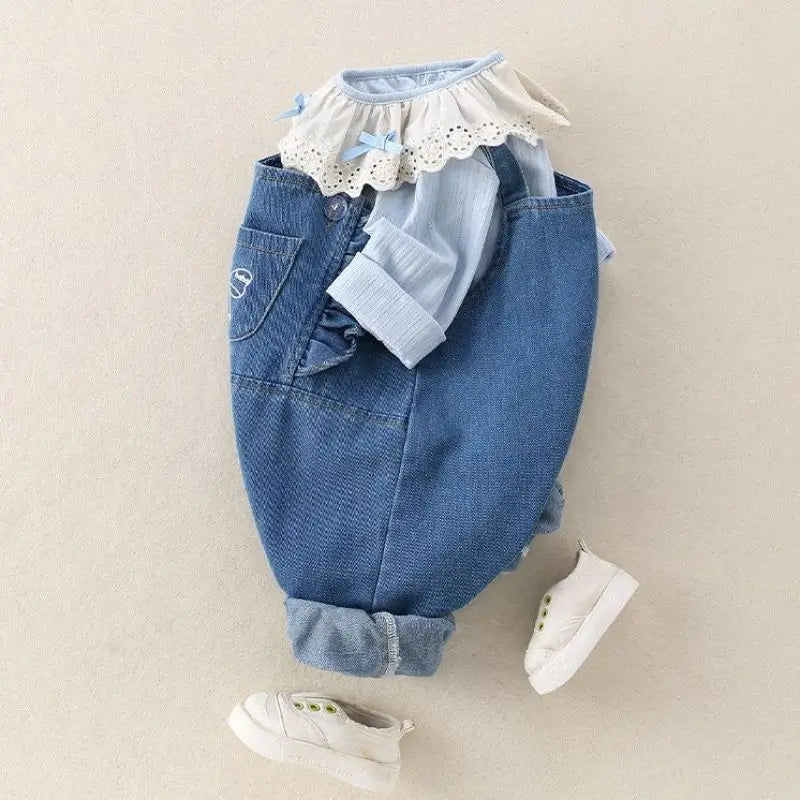 Conjunto de 2 piezas de lujo coreano para niña, conjunto de camiseta y camiseta a la moda con cuello de encaje, pelele elegante de Estilo Princesa, traje de otoño