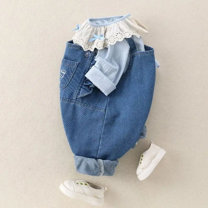 Conjunto de 2 piezas de lujo coreano para niña, conjunto de camiseta y camiseta a la moda con cuello de encaje, pelele elegante de Estilo Princesa, traje de otoño