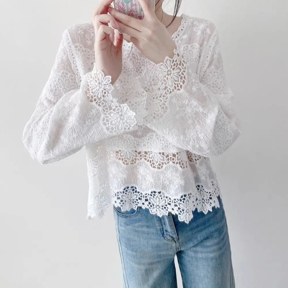 Blusas de algodón de primavera para mujer, camisas elegantes de manga larga caladas con encaje de ganchillo