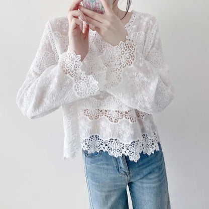 Blusas de algodón de primavera para mujer, camisas elegantes de manga larga caladas con encaje de ganchillo