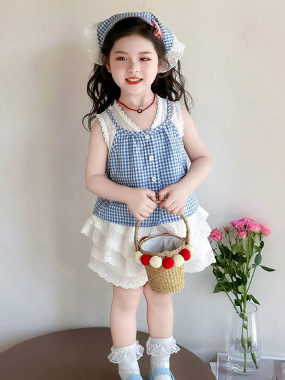 Conjunto de Dos Piezas con Estampado a Cuadros para Niñas, Top Halter con Cuello en V y Falda Corta, Mezcla de Algodón y Poli...