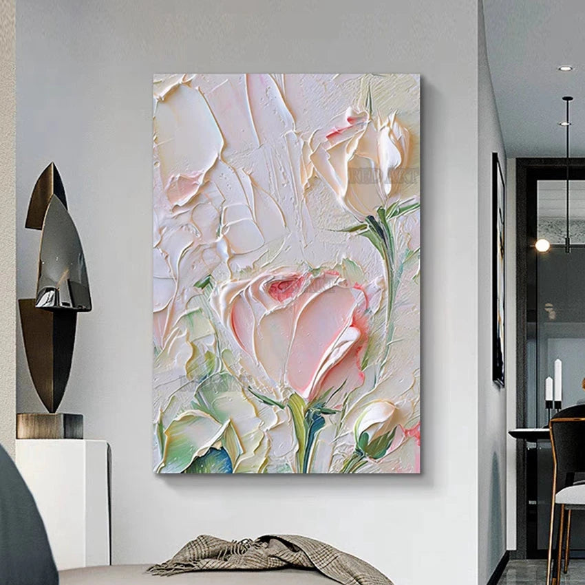 Pintura al Óleo de Rosas con Espátula de Gran Tamaño, Hecha a Mano, Moderna, Murales en Lienzo, Conjunto de Paneles de Arte para Pared, Piezas sin Marco