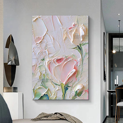 Pintura al Óleo de Rosas con Espátula de Gran Tamaño, Hecha a Mano, Moderna, Murales en Lienzo, Conjunto de Paneles de Arte para Pared, Piezas sin Marco