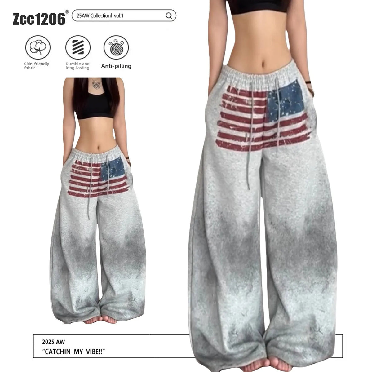 Pantalones Deportivos Casuales Holgados con Forro Polar Gris para Mujer, Pantalones con Estampado de Bandera Americana Teñida...