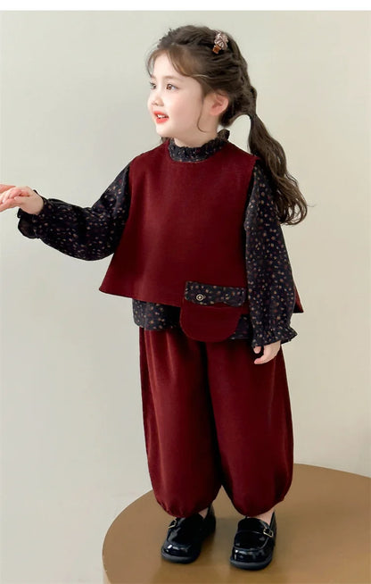 Ropa de moda para niñas 2025, otoño, nueva camisa Floral, chaleco y pantalones de Color sólido, conjunto de 3 piezas de pana