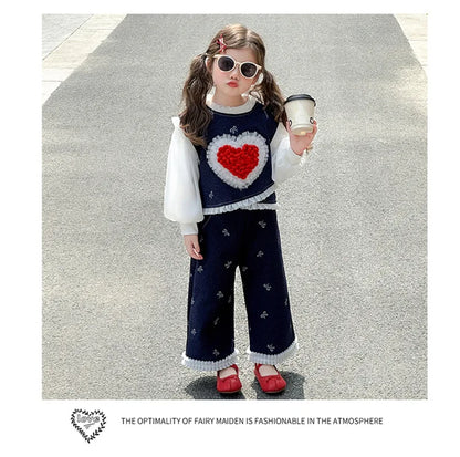 Conjunto de tres piezas con lazo grande de amor para niña, edición coreana de moda de primavera y otoño, ropa para niña