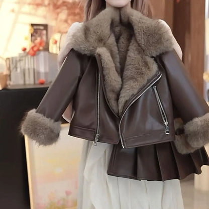 Conjunto de Otoño Invierno para niñas, chaqueta de cuero, nueva chaqueta de cuero gruesa coreana, Falda plisada de moda, conjunto de dos piezas, 2025
