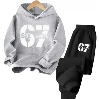 67 conjunto de sudaderas con capucha elegantes para niños de 4 a 13 años, ropa de calle coreana, chándal de bloque, sudadera cómoda a la moda para niños, conjuntos de 2 uds, traje de pantalón